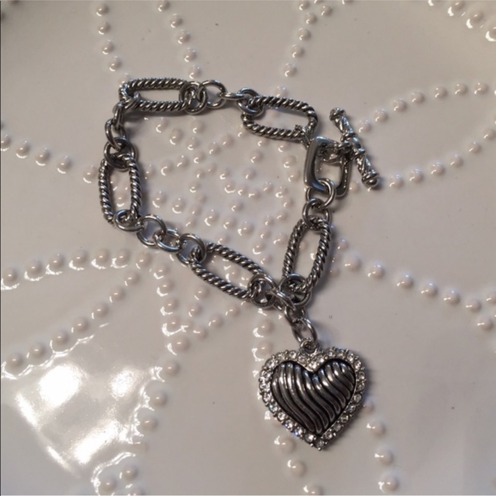 Silver Tone CZ Dangle Heart Link Bracelet